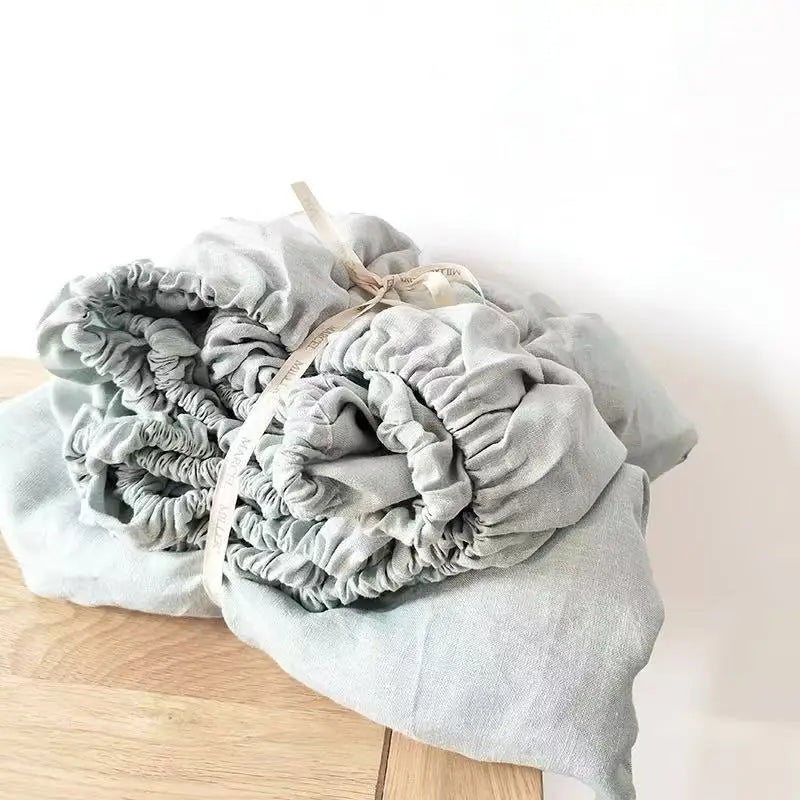 100% Linen Fitted Bed Sheet with Elastic Band Solid Color Anti-slip Adjustable Mattress Cover for Single Double King Queen Bed