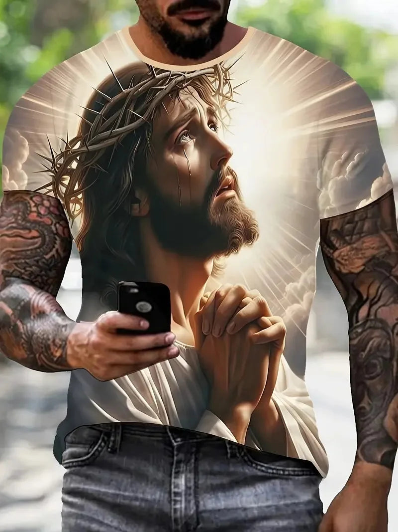 Men's 3D Jesus Print T-Shirt Short Sleeve Casual Crew Neck Praying Hands Design Tshirt For Men New In Oversized Tee Shirt Tops