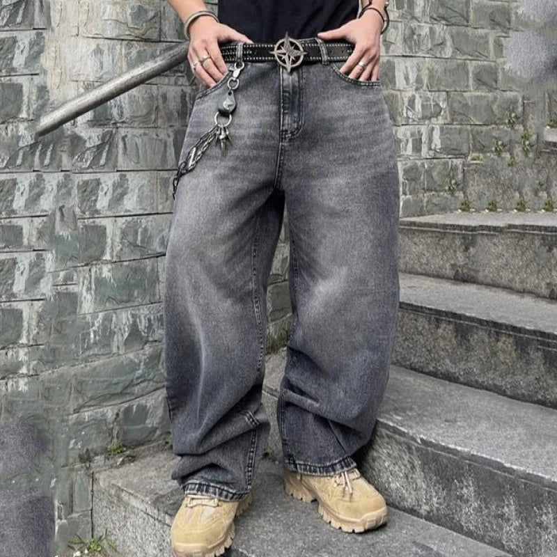 Streetwear Loose Jeans for Men Korean Style Fashion Loose Straight Wide Leg Pants Men's Clothing Black Light Blue Trousers