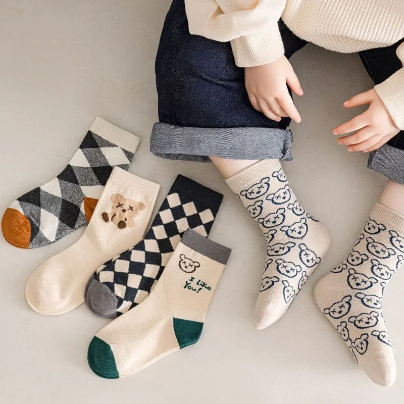 5Pairs/Set Cute Bear Print Baby Socks Soft Cotton Toddler Calf Sock Korean Autumn Winter Cartoon Kids Boy Girl Mid Tube Socks