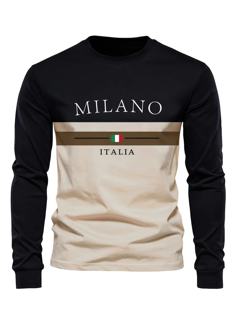 Men's Long Sleeve T-shirt Beige and Black Color-block Design Letter Print Stretchy Autumn Top Casual Basic Long Sleeve Clothing