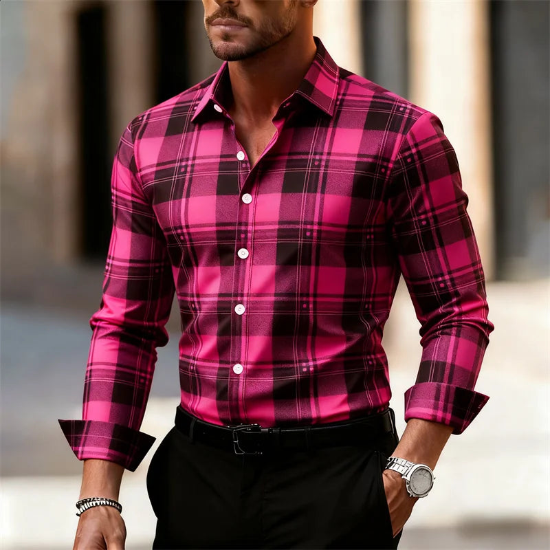 Men's plaid shirt, fashionable and casual street style long-sleeved shirt, men's tops, outdoor daily wear, large sizes XS-6XL