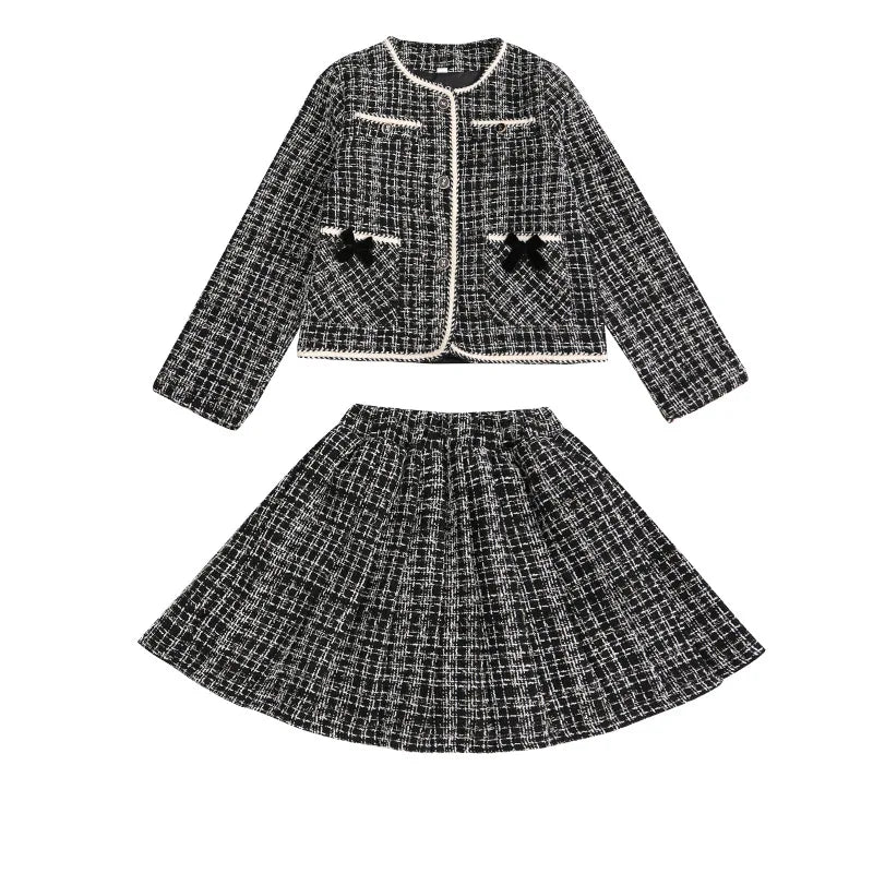 Teen Girls Skirts clothes sets French design Round neck jacket+Pleated skirt 2pcs fashion junior kid suit child outfits 4-14Y