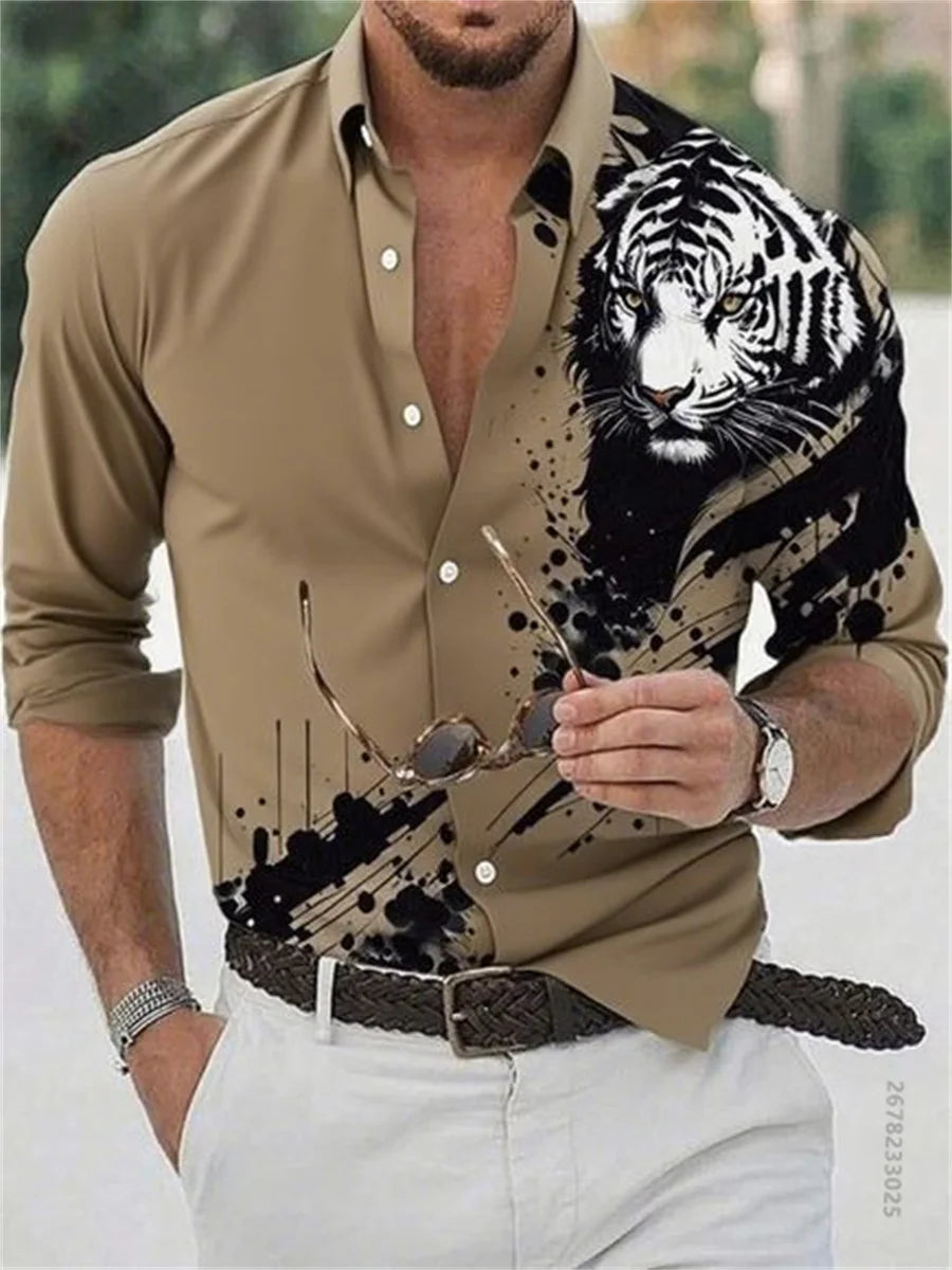 Men's pure color casual tiger 3D print long sleeve shirt, slim without ironing fashionable elastic fabric social essential