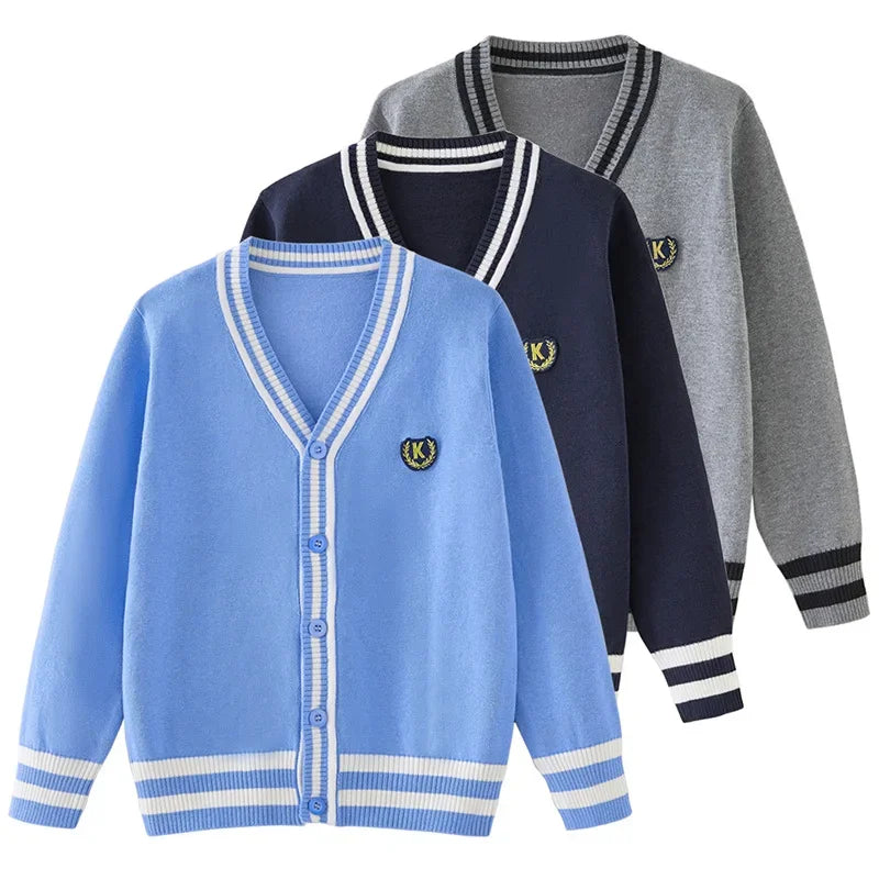 Toddler Girl Cardigan Autumn V-neck Striped Sweaters Teenage Boys Knit Sweater Navy Blue Grey Outerwear Uniform 3 To 18 Years