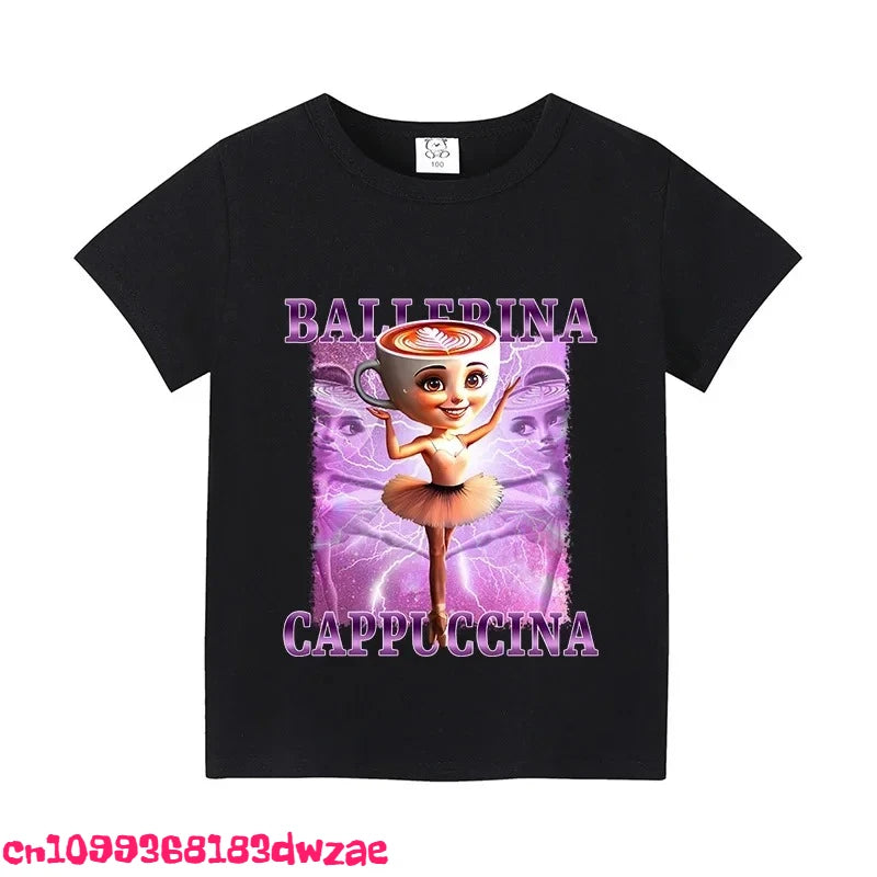 Italian Brainrot Animals Kids Cotton T-shirt Cappuccino Assassino Short Sleeve Tops for Kids Funny Meme Cute Tee Summer Clothing