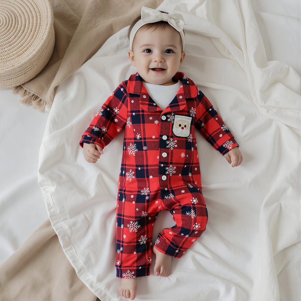 0-18M Newborn Baby Christmas Pajamas Plaid Snowflake Print Button Down Lapel V Neck Long Sleeve Romper