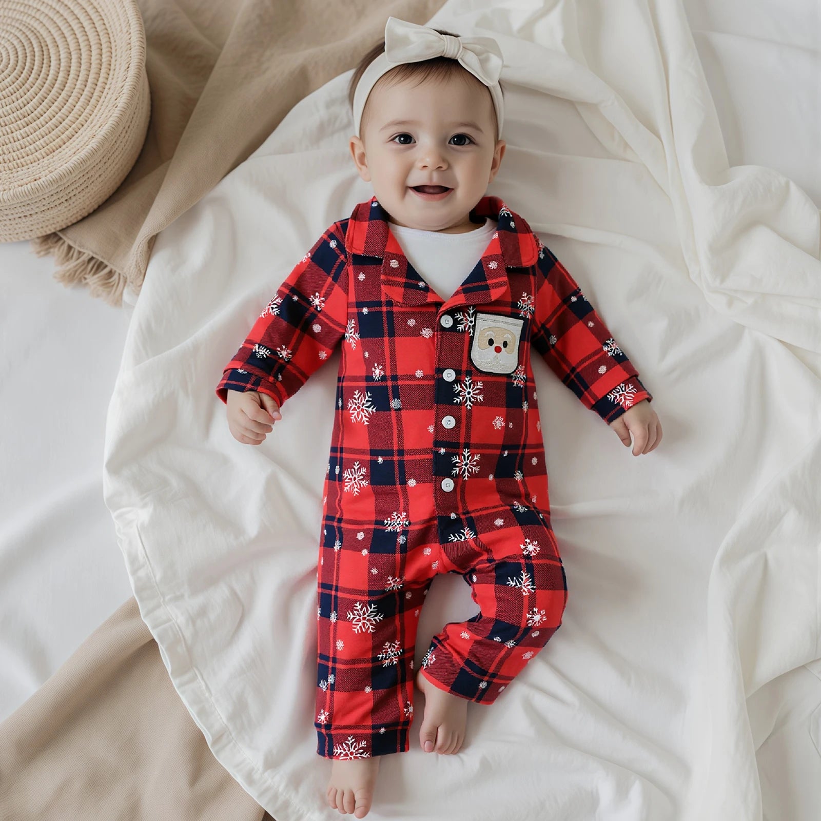 0-18M Newborn Baby Christmas Pajamas Plaid Snowflake Print Button Down Lapel V Neck Long Sleeve Romper