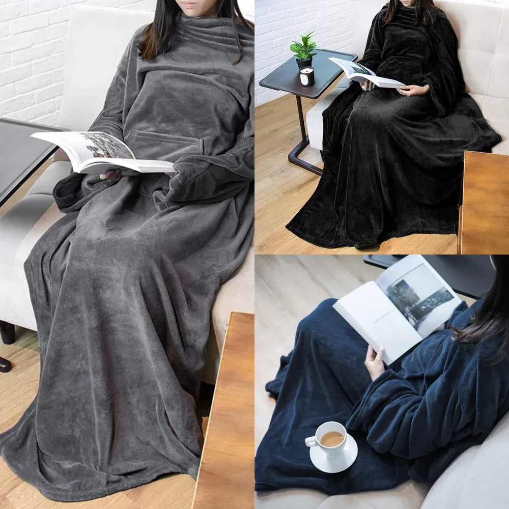 Wearable Flannel Blanket With Sleeves Large Pocket Soft Anti Static Lazy Blanket Home Reading TV Office Winter Warm Cover