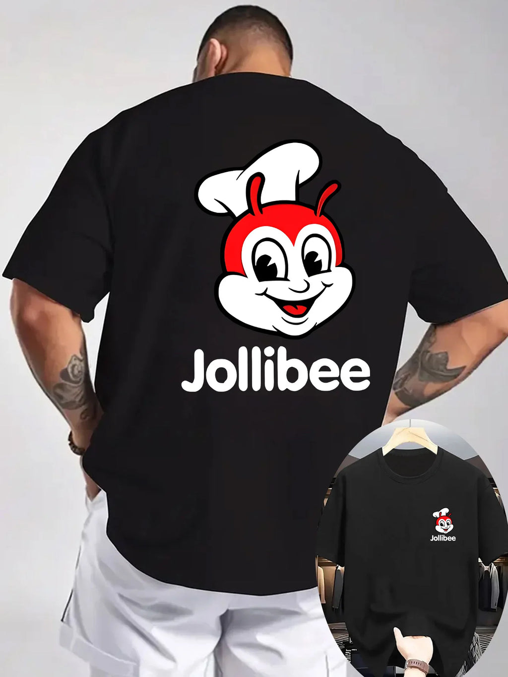 Men's Jollibee Graphic T-Shirt - Funny Foodie Tee with Front & Back Print, Lightweight Knit Fabric Shirt for Summer, Backyard