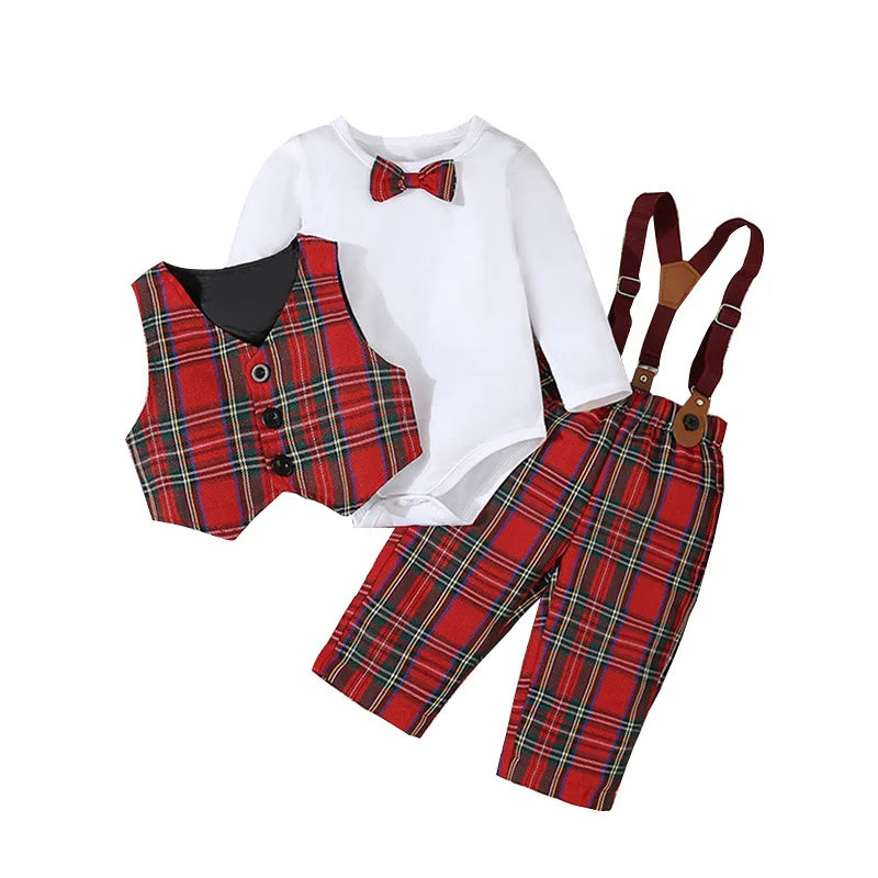 My First Christmas Baby Boys Outfits Necktie Bodysuit+Plaid Waistcoat+Suspender Pants 4pcs Formal Suit For Baby New Year Costume