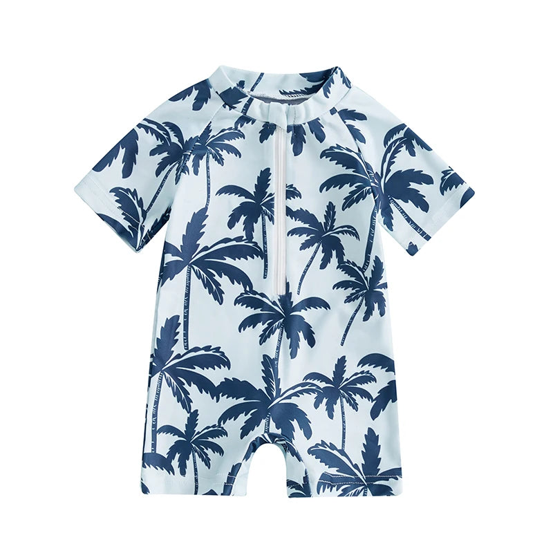 Summer Toddler Infant Baby Boys Girl Rash Guard Swimsuit Coconut Tree Print Short Sleeve Mock Neck Zip Bathing Suit