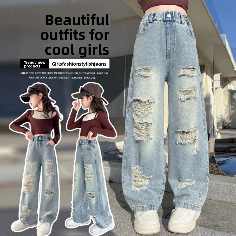 Ripped Wide Children Jeans Straight Loose Leg Blue Teen Girl Jeans High Waist Streetwear Girls Denim Trousers Kids Children