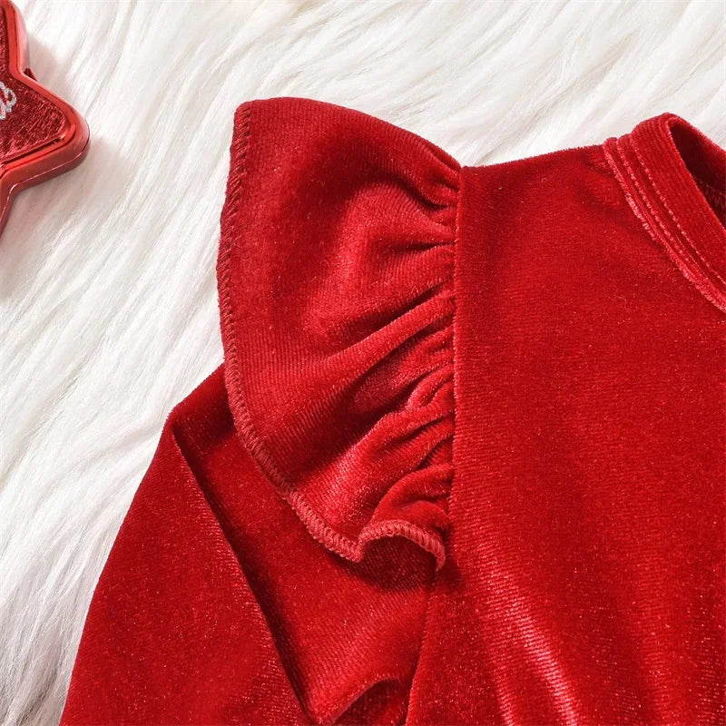 0-18 Months Baby Girls Christmas Velvet Romper Dress Terry Trim Long Sleeve Jumpsuit Santa Hat Adorable Fall Outfits