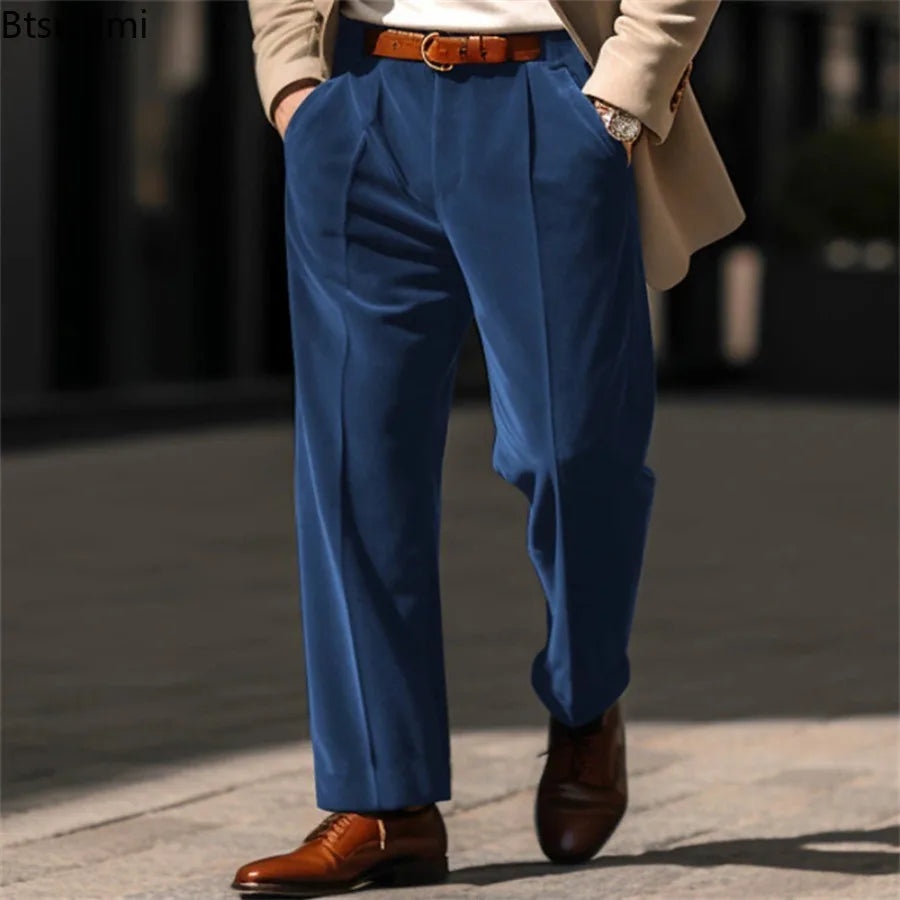 2025 Spring Autumn Men's Solid Color Velvet Suit Pants Business Casual Straight Leg Trousers Male Streetwear Fashion Dress Pants