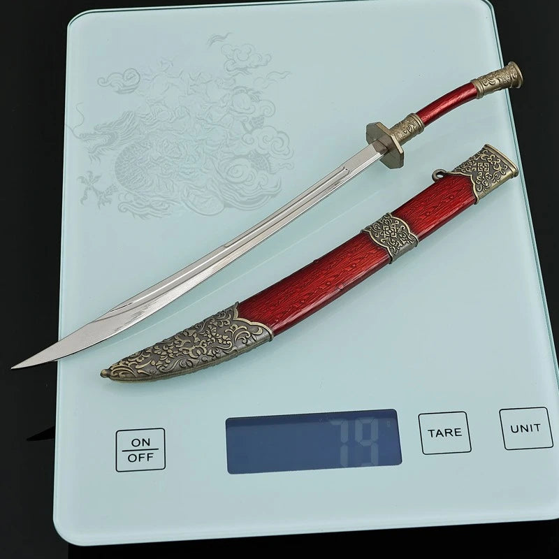 22cm/8.66in Qing Dynasty Model Metal Handicraft Ornament Red Oxtail Knife with Sheath Desktop Display Peripherals Gifts for Boys