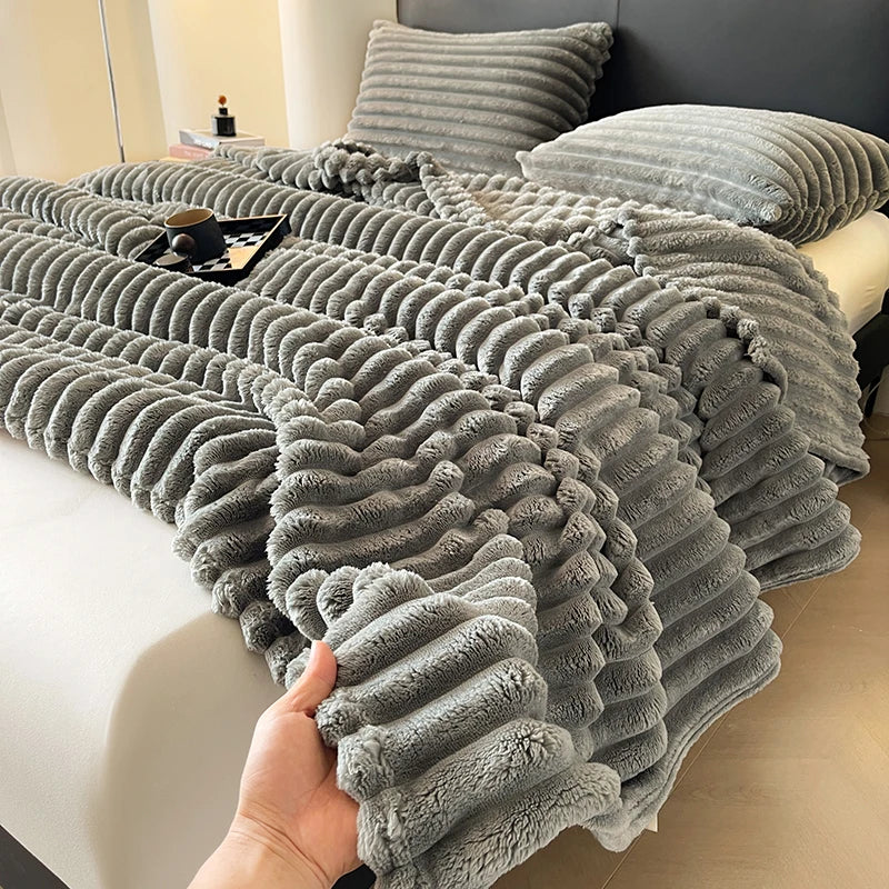 Solid color thickened wide striped multifunctional blanket, can be used as bed sheet cover blanket, nap blanket, pet blanket