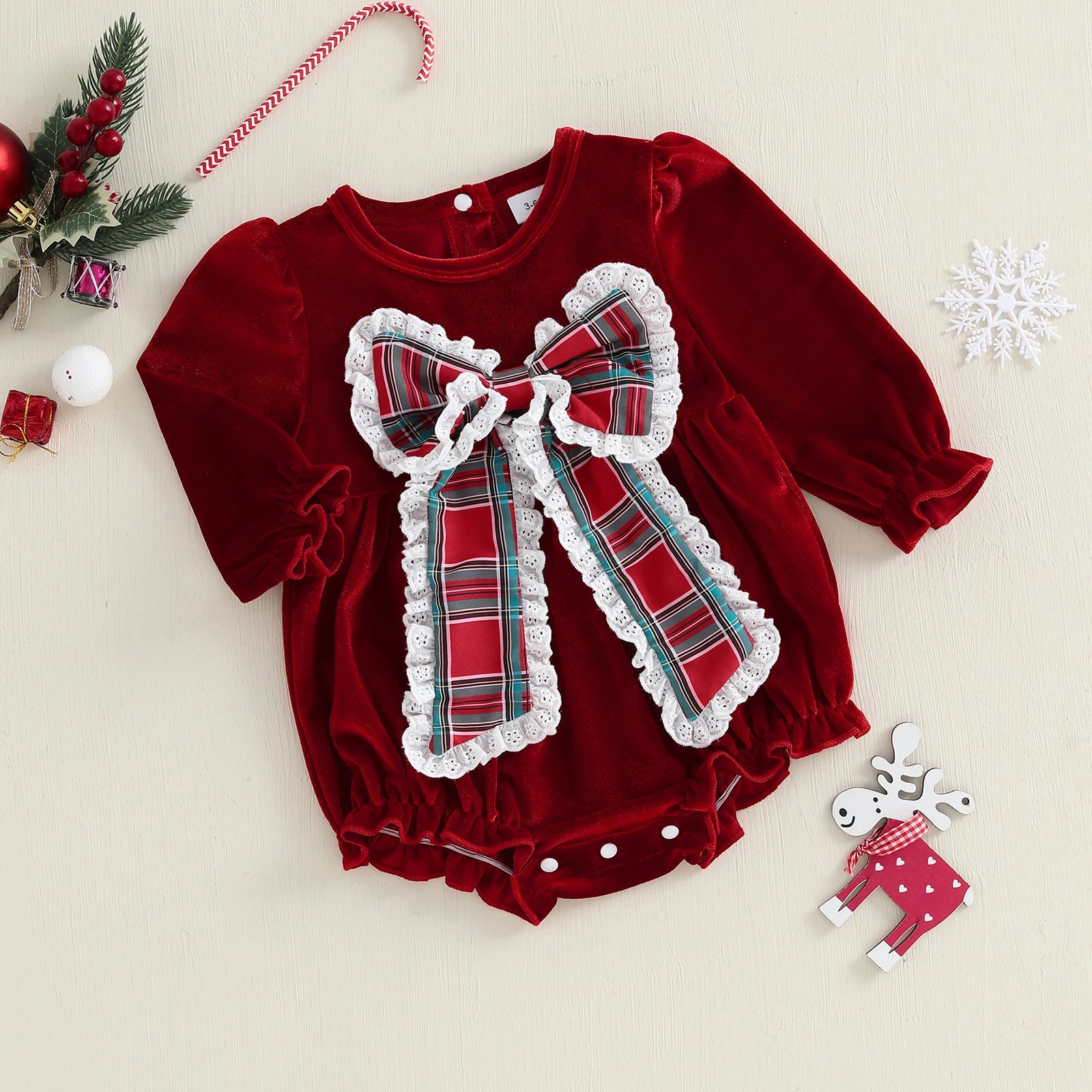 Christmas Infant Baby Girl Velvet Romper Xmas Newborn Coton Loose Decorative Bow Bubble Overall Kids Long Sleeve Jumpsuit
