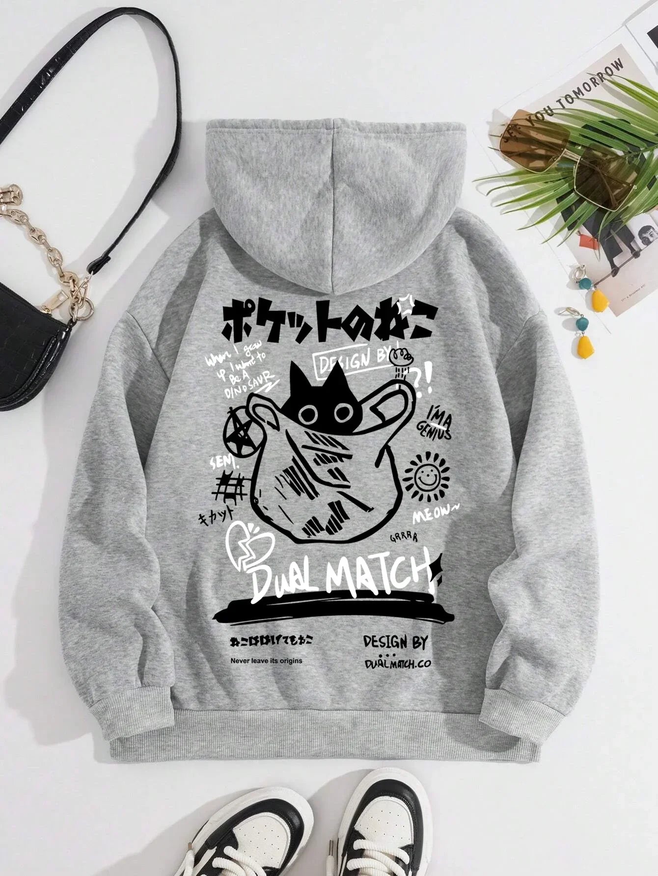 Cute cat cartoon printed sweatshirt Harajuku casual loose hoodie pocket sweatshirt autumn warm and comfortable men's clothing
