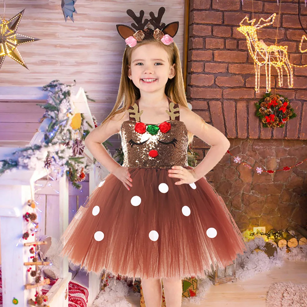 Girls Tutu Dress 2025 Spring Summer Autumn Winter New Christmas Elk Dress Children Mesh Suspender Dress