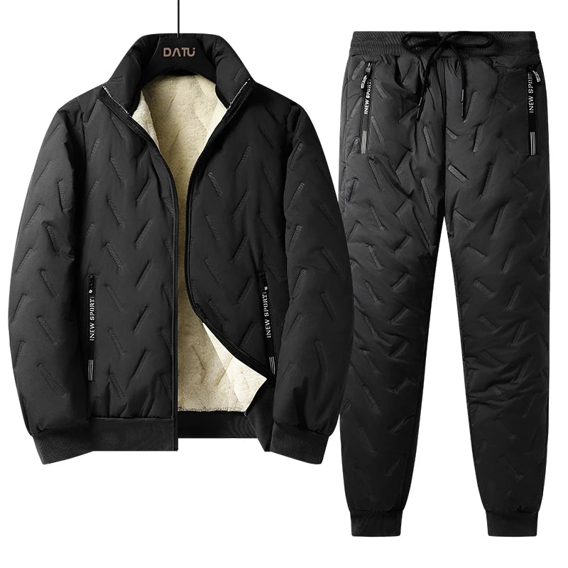 Men's autumn and winter sports suit stand collar casual open top jacket outdoor thick warm cotton jacket and pants two-piece set