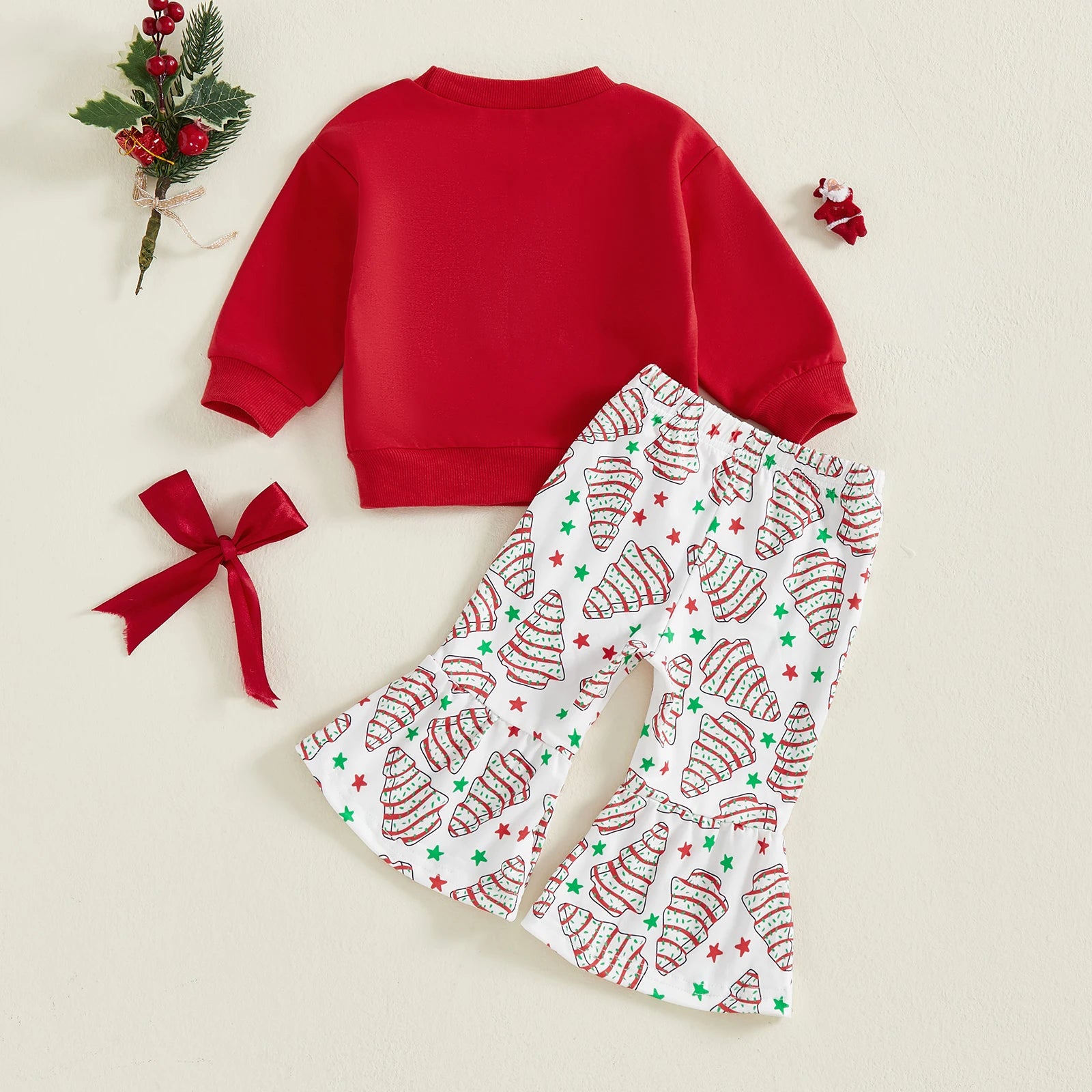 Lioraitiin Toddler Little Girl Christmas Outfit Bow Tree Applique Crewneck Sweatshirt and Flare Pants 2 Piece Winter Fall Set