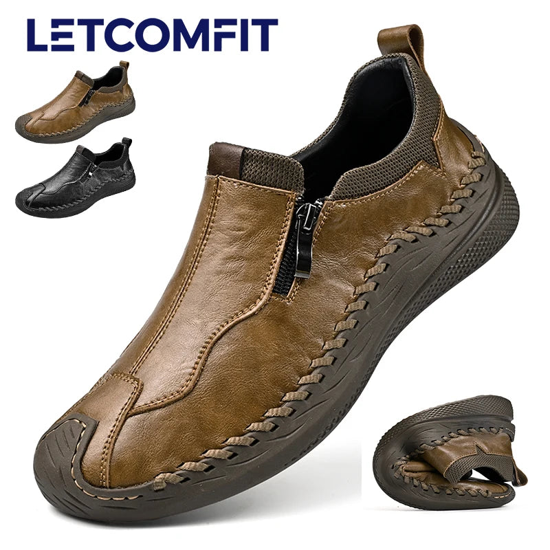 LETCOMFIT Handmade Genuine Leather Men Shoes Casual Comfort Slip on Loafers Men Flats Wear-resistant Walking Shoes All Season