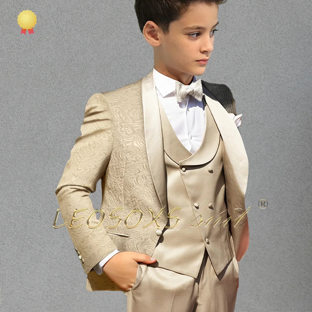 Boys Champagne Jacquard Coat Dress Set (Coat + Vest + Pants) Children Wedding Party Birthday Gift Elegant Gentleman Tuxedo