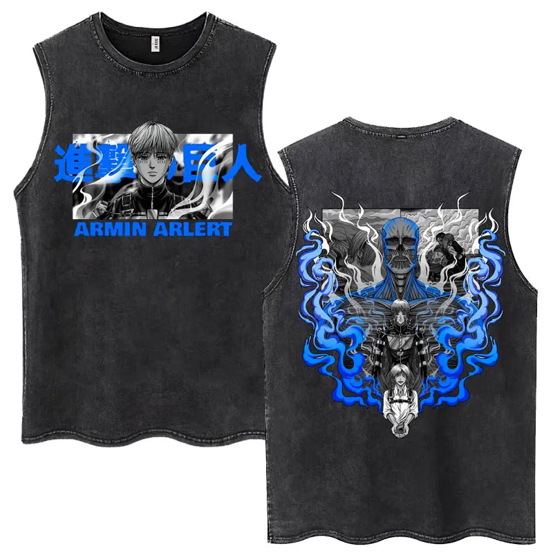 Washed Anime Attack on Titan Vintage Tank Tops Eren Yeager Shingeki No Kyojin Sleeveless T Shirt Men's Cotton Loose Y2k T Shirts
