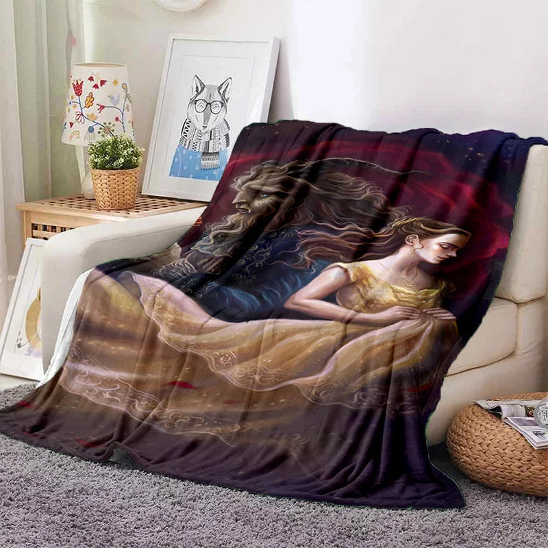 Lovely Beauty and The Beast Cartoon Soft Blankets,Keep Warm Throw Blanket Comfortable Blanket for Picnic Beds Sofa Home Bedroom