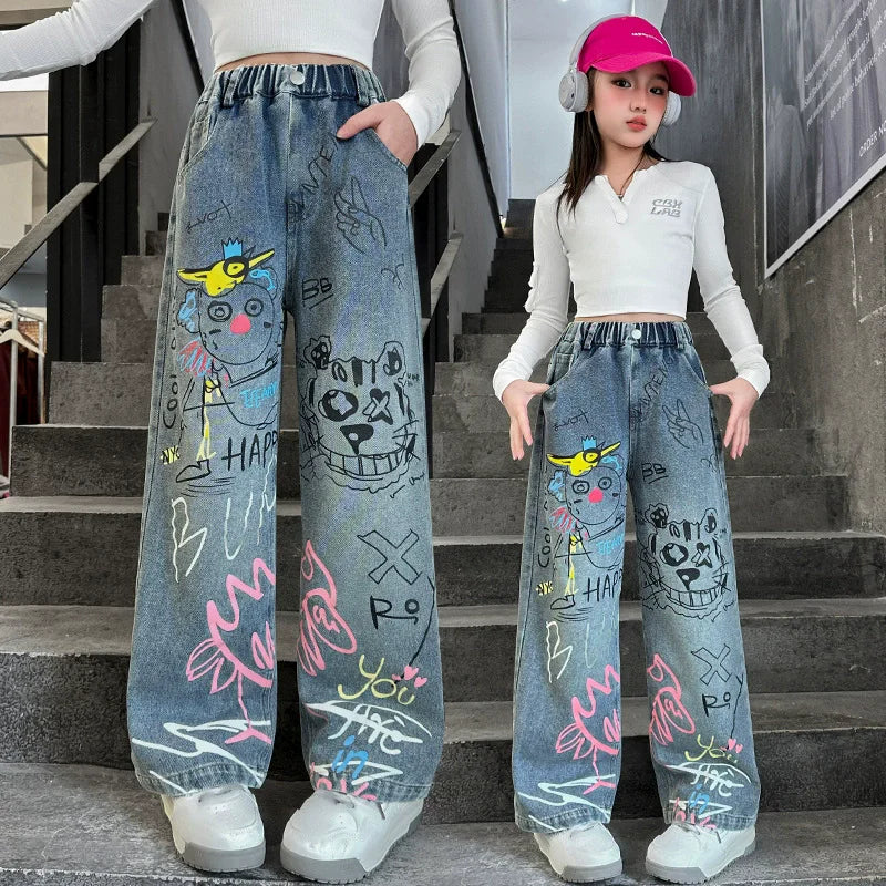 Autumn Teenage Girls Cartoon Graffiti Jeans Junior Kids Casual Wide Leg Trousers Tween Girls Clothing Child Clothes 10 to 12 14Y