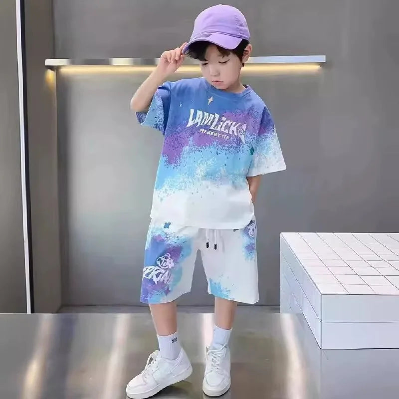 Teen T-shirts Clothes Sets Summer Boys Gradient Short Sleeve Tops+Shorts 2 Pcs Big Kids Casual Suits Children Print Outfits