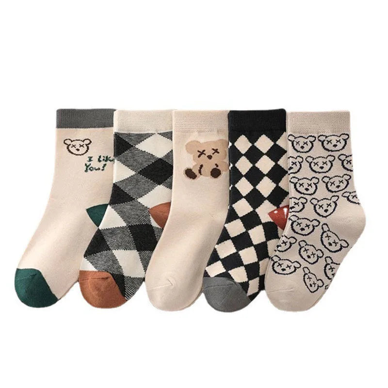 5Pairs/Set Cute Bear Print Baby Socks Soft Cotton Toddler Calf Sock Korean Autumn Winter Cartoon Kids Boy Girl Mid Tube Socks