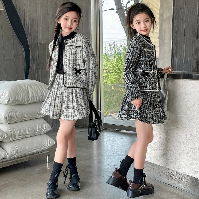 Teen Girls Skirts clothes sets French design Round neck jacket+Pleated skirt 2pcs fashion junior kid suit child outfits 4-14Y