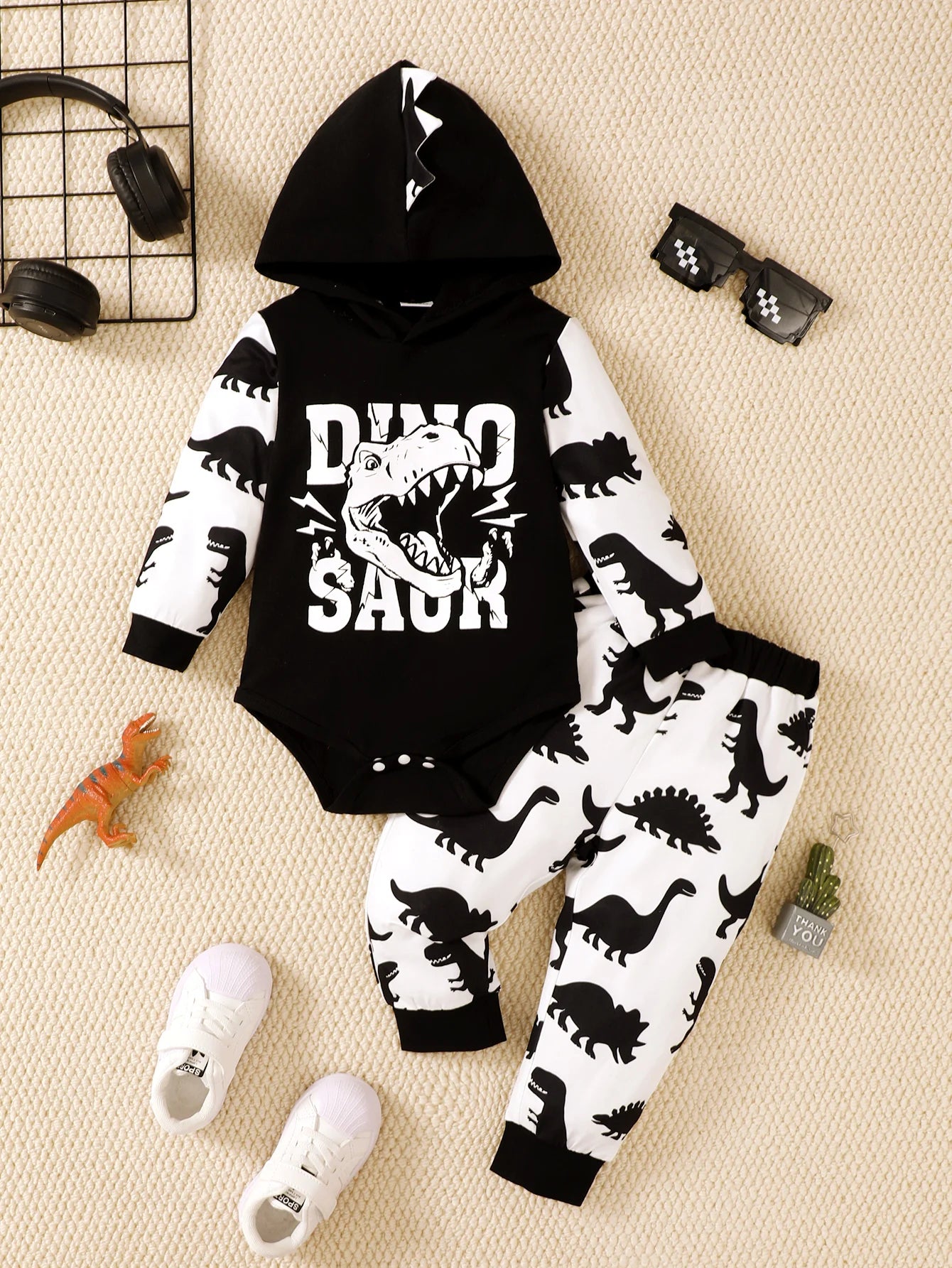 Winter 0-1 Years Old  Infant  Baby  Boys  Dinosaur  Print  Long  Sleeved  Hooded  Sweatshirt  Casual  2-Piece  Set