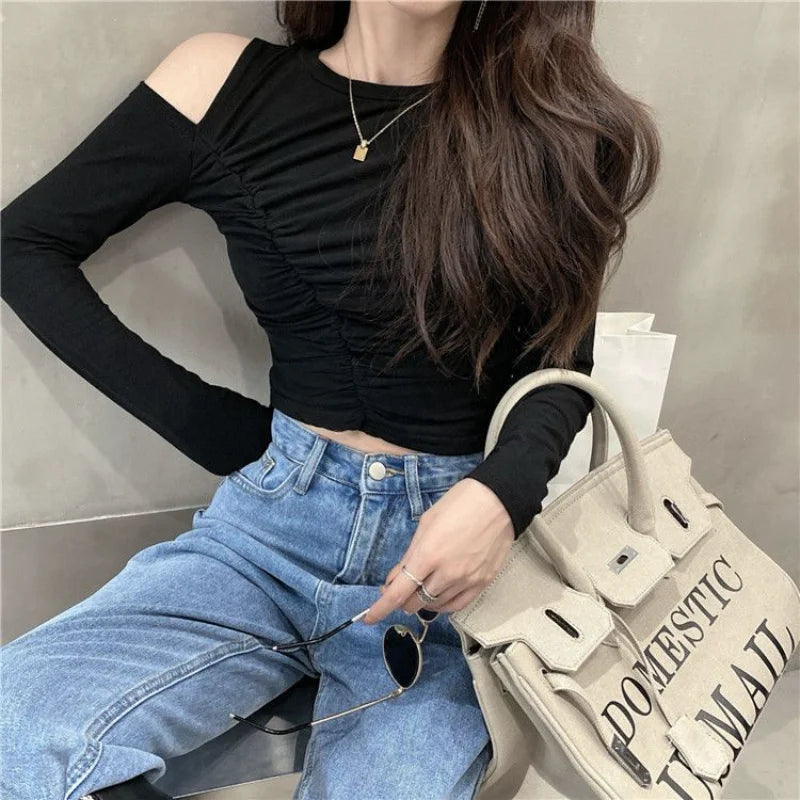 Women's T Shirts Off Shoulder Tees Sexy Plain Slim Black 2025 Tshirts 2000s Trend Female Tops Cool Wholesale Clothes Alt New In