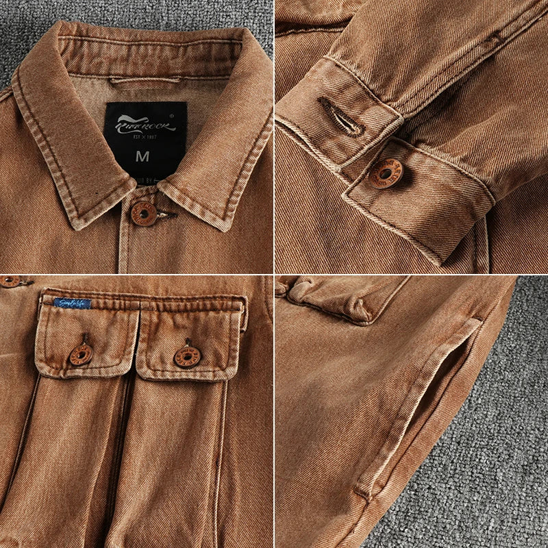Heavy do old washed coffee color denim jacket men retro trend three-dimensional pocket youth cardigan coat