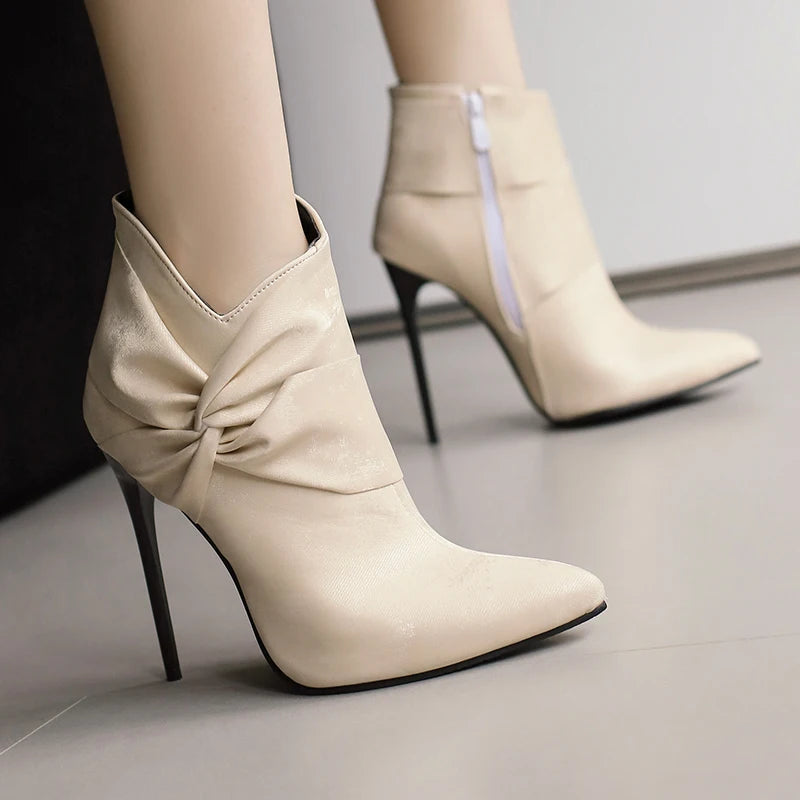 12cm Sexy Stiletto Women's Ankle Boots Twine Bowknot Decor Shoes Super Thin Heels Cloth Short Boots