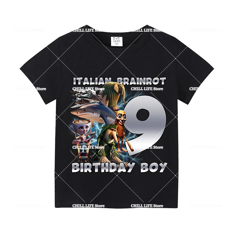 Italian Brainro Kids Birthday Number T-shirts Tung Tung Tung Sahur Summer Clothes Funny Meme Short Sleeves Tops Boys Girls Tees