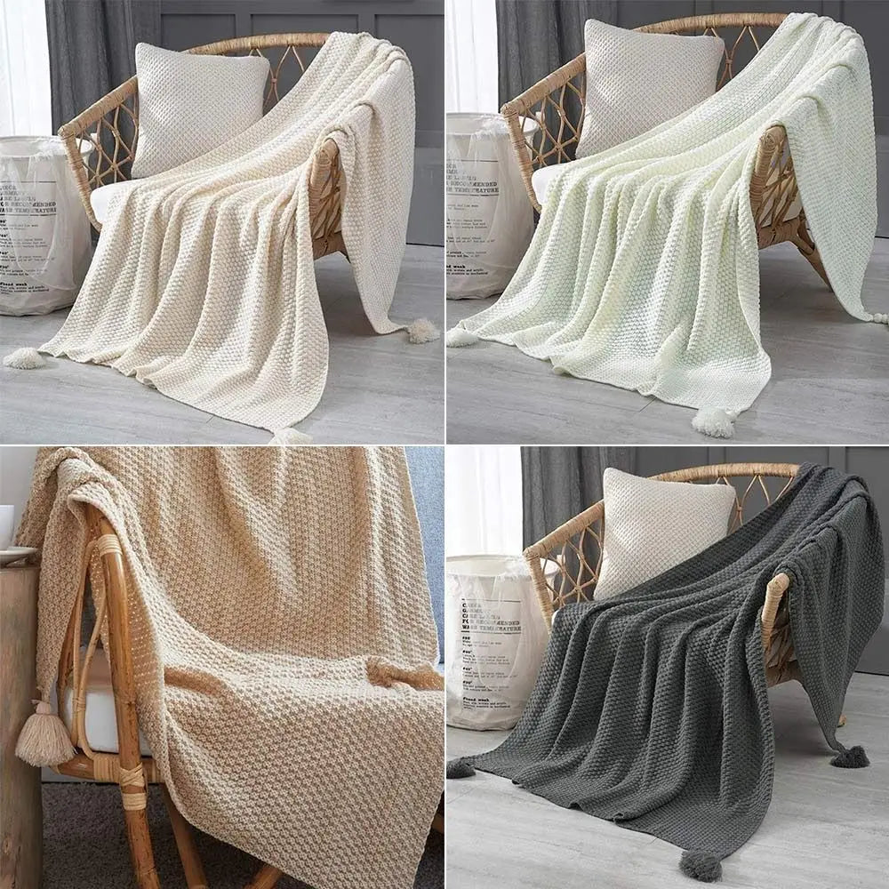 Warm Solid Color Knitted Blanket Soft Breathable Fringe Blanket Nordic Bedspread