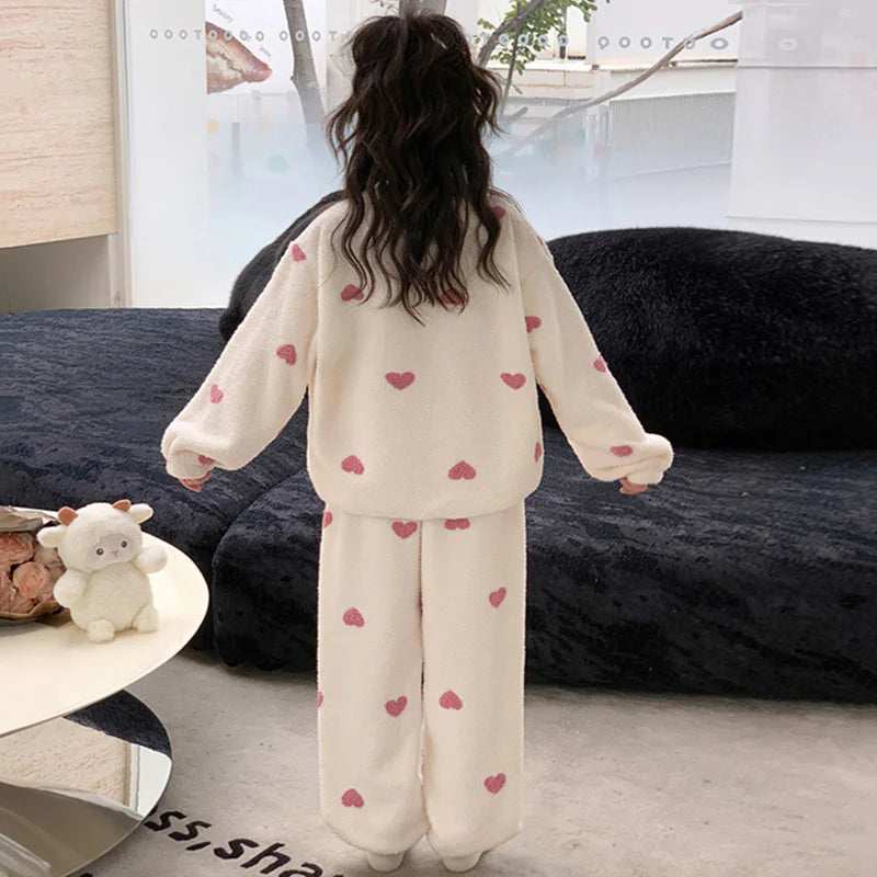 Girls Fleece Suits Kids Warm Padded Pajamas+Pants 2Pcs Outfits Children Autumn Winter Sets Teenager Soft Comfortable Clothing