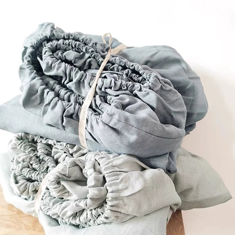100% Linen Fitted Bed Sheet with Elastic Band Solid Color Anti-slip Adjustable Mattress Cover for Single Double King Queen Bed