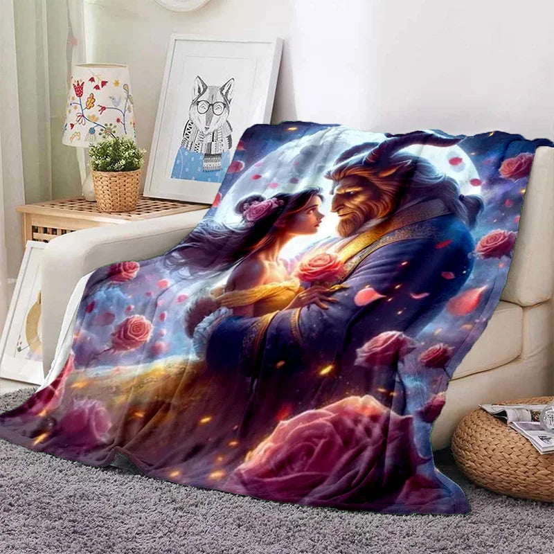 Lovely Beauty and The Beast Cartoon Soft Blankets,Keep Warm Throw Blanket Comfortable Blanket for Picnic Beds Sofa Home Bedroom