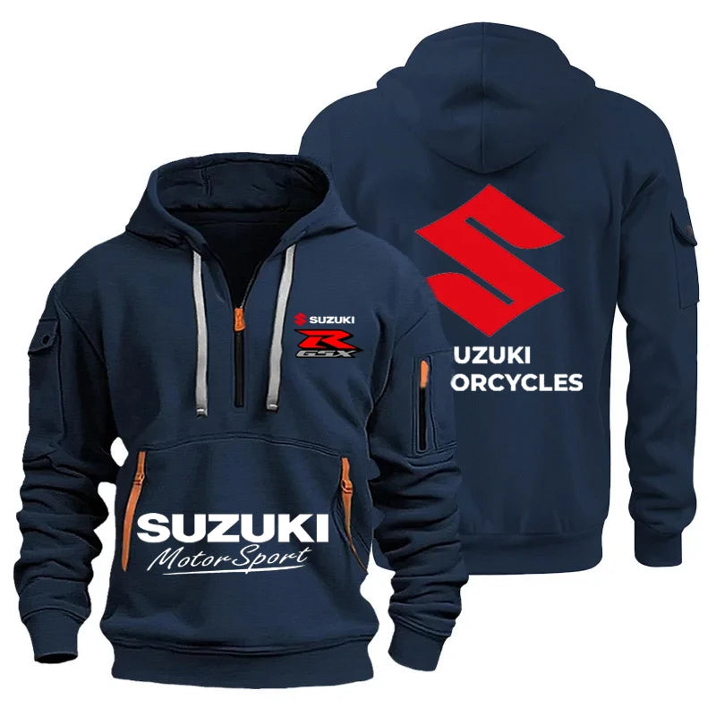 New Suzuki men's hooded sweatshirt for autumn and winter outdoor motorcycle sweatshirt, semi-zipper hooded sweatshirt