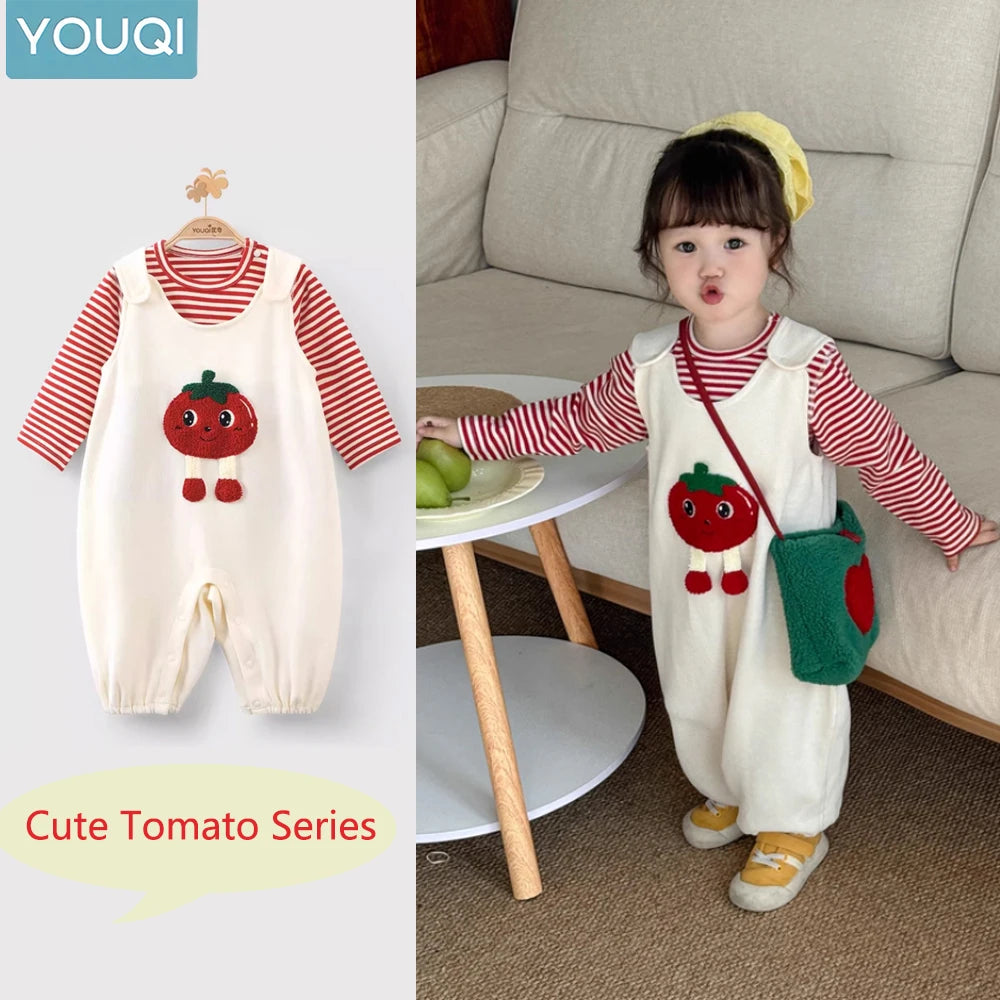 New Baby Set Spring and Autumn Cute Tomato Series Long Sleeve Base+Strap Pants Two Piece Combination Set Cute Style