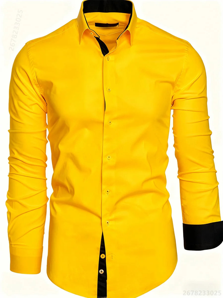 Men's shirt slim fit long sleeve lapel shirt business office fashion solid color black red daily casual men's tops XS-6XL size