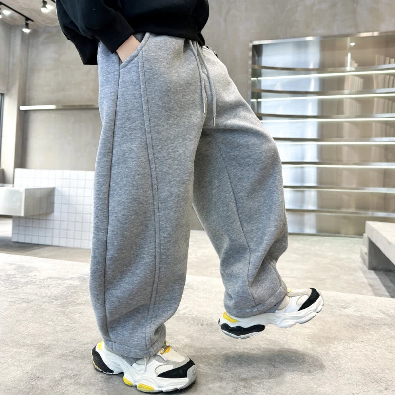 Minimalism Style Kids Cotton Knitted Sports Pants for Boys Casual Wide Leg Trousers Trackpants Children Black Grey Sweatpants