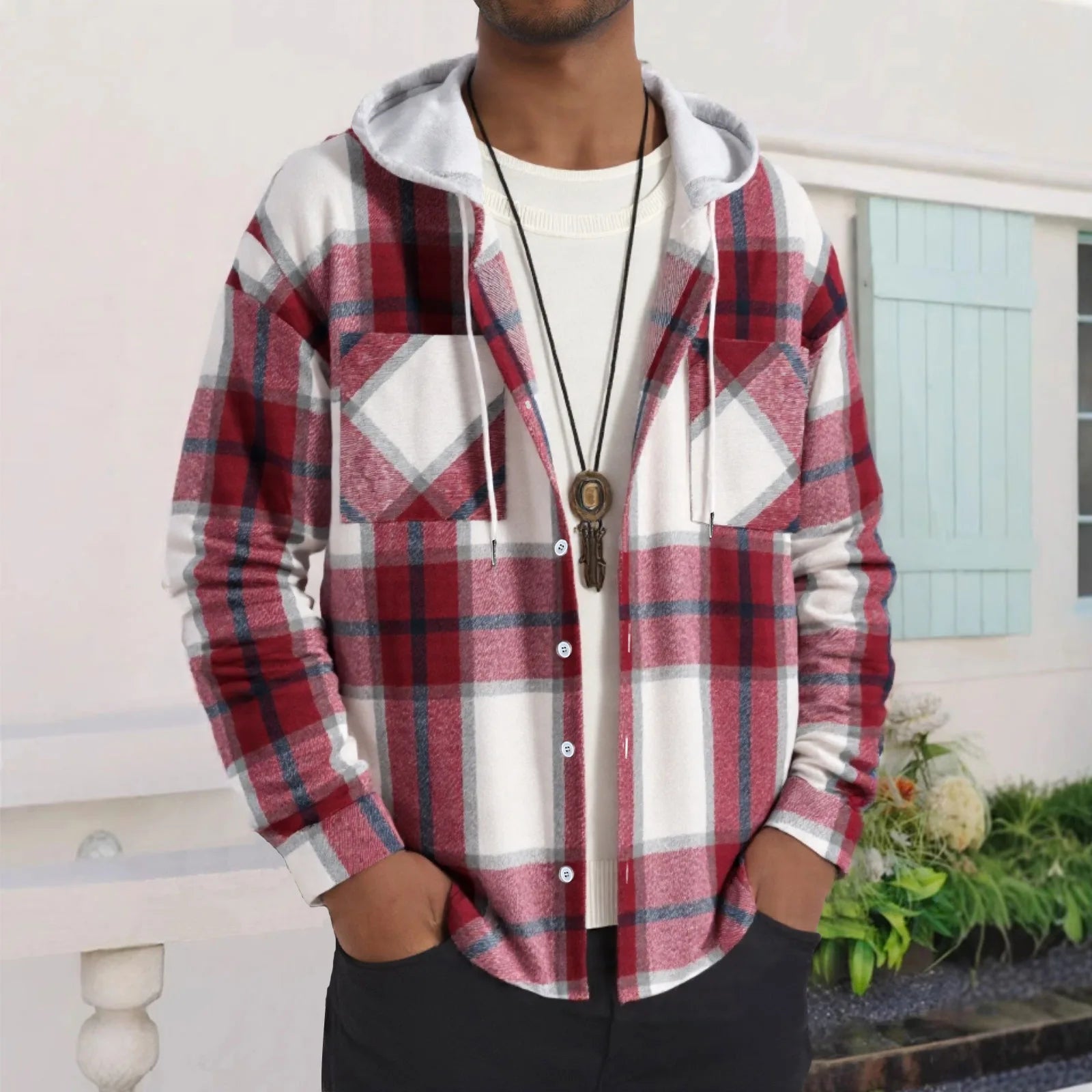 Men's Hooded Plaid Long Sleeve Shirt Jacket Casual Fashion Outerwear for Fall & Winter