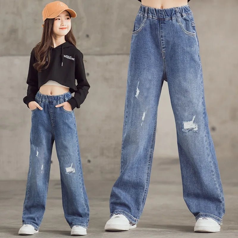 Girls Jeans spring autumn Casual Loose Side Gradient Color Young Children hole Wide Leg Pants3-12Years Teen School Kids Trousers