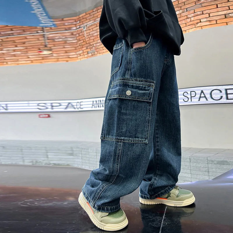 Teen Boys Jeans 2025 New Spring Autumn Pants Children's Straight Trousers Teenager Wide-legged Cargo Pants Kids Loose Clothes